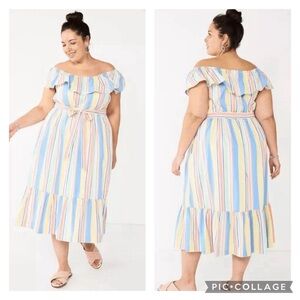 EUC Draper James RSVP Plus Multi Striped Off Shoulder Ruffle Sleeve Midi Dress